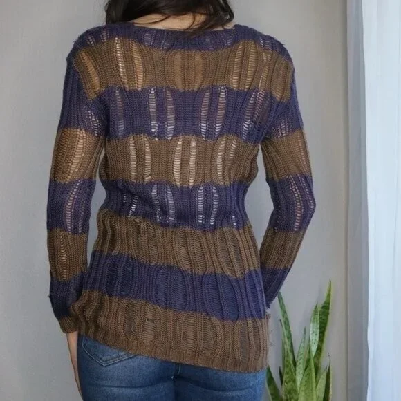 Lumiere Brown and Purple Pull Over Open Knit Sweater Size S - Picture 2 of 10